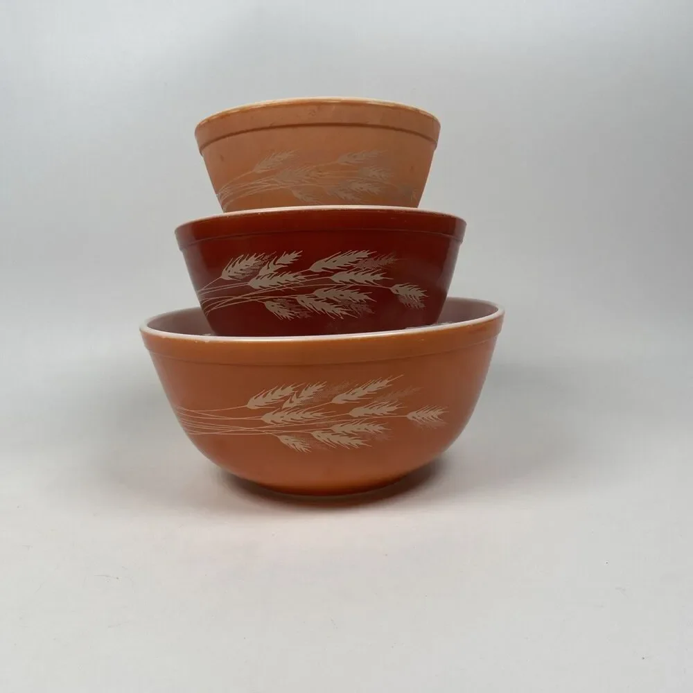 Vintage Pyrex Nesting Bowls Autumn Harvest Wheat 1970’s Set Of 3 Cottagecore